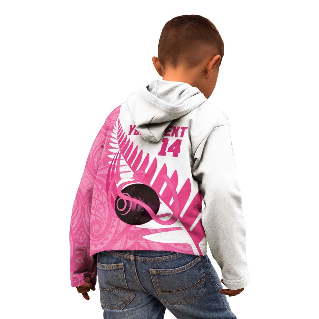 New Zealand Lawn Bowls Breast Cancer Custom Kid Hoodie Aotearoa Maori Silver Fern Pink Ribbon - Aussie Hoodie