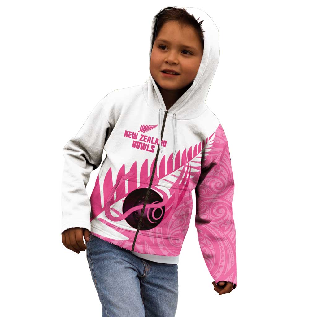New Zealand Lawn Bowls Breast Cancer Custom Kid Hoodie Aotearoa Maori Silver Fern Pink Ribbon - Aussie Hoodie