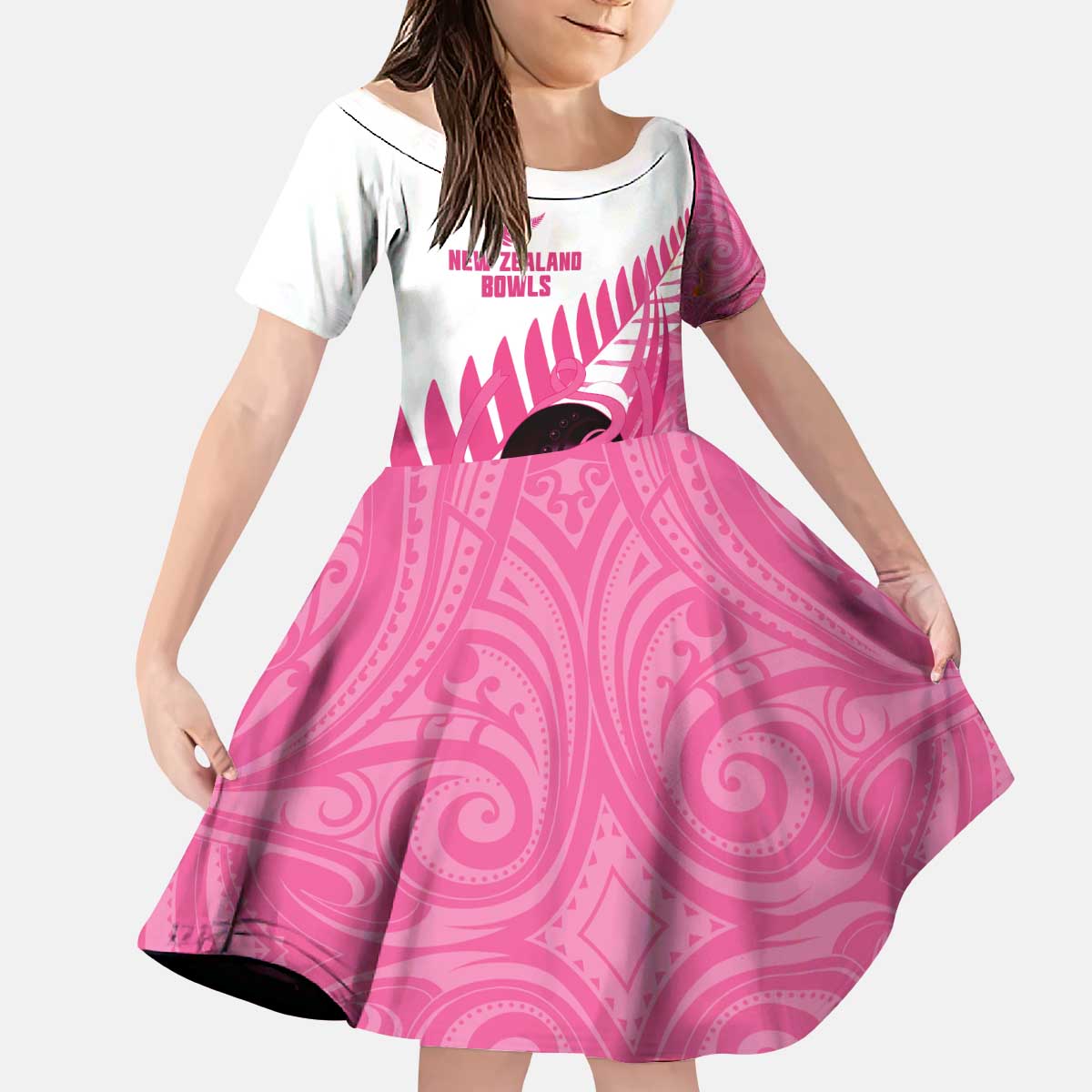 New Zealand Lawn Bowls Breast Cancer Custom Kid Short Sleeve Dress Aotearoa Maori Silver Fern Pink Ribbon - Aussie Hoodie