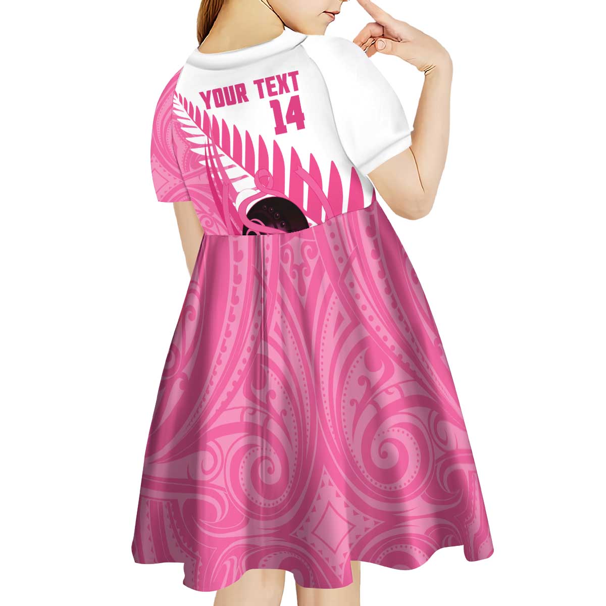 New Zealand Lawn Bowls Breast Cancer Custom Kid Short Sleeve Dress Aotearoa Maori Silver Fern Pink Ribbon - Aussie Hoodie