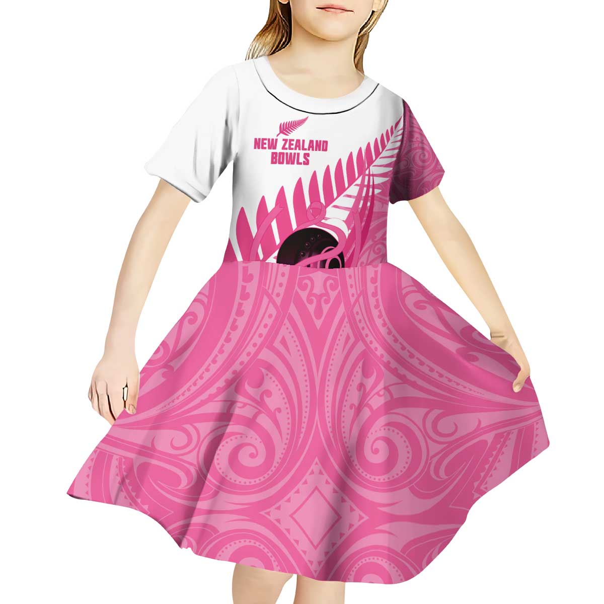 New Zealand Lawn Bowls Breast Cancer Custom Kid Short Sleeve Dress Aotearoa Maori Silver Fern Pink Ribbon - Aussie Hoodie