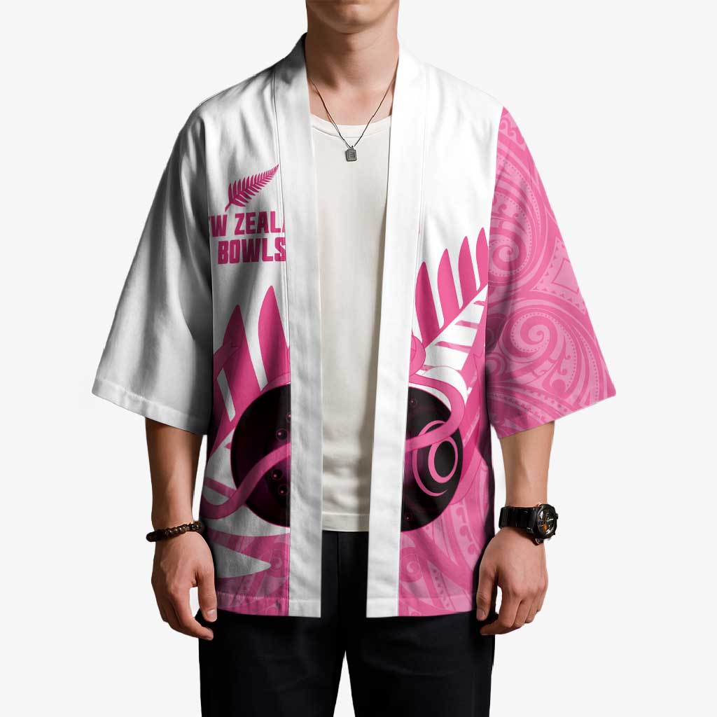 New Zealand Lawn Bowls Breast Cancer Custom Kimono Aotearoa Maori Silver Fern Pink Ribbon - Aussie Hoodie