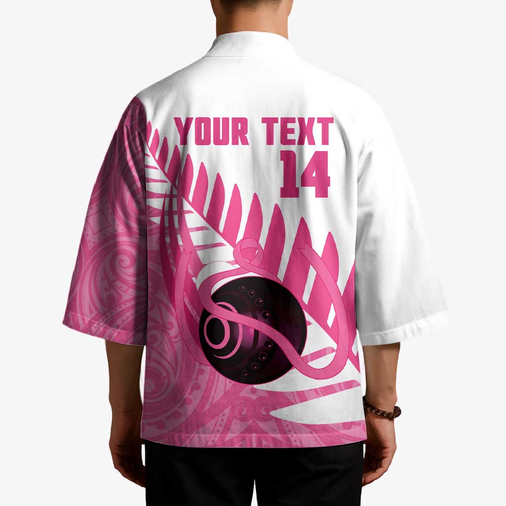 New Zealand Lawn Bowls Breast Cancer Custom Kimono Aotearoa Maori Silver Fern Pink Ribbon - Aussie Hoodie