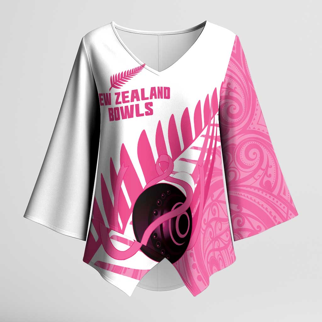 New Zealand Lawn Bowls Breast Cancer Custom Kimono Sleeve Blouse Aotearoa Maori Silver Fern Pink Ribbon - Aussie Hoodie