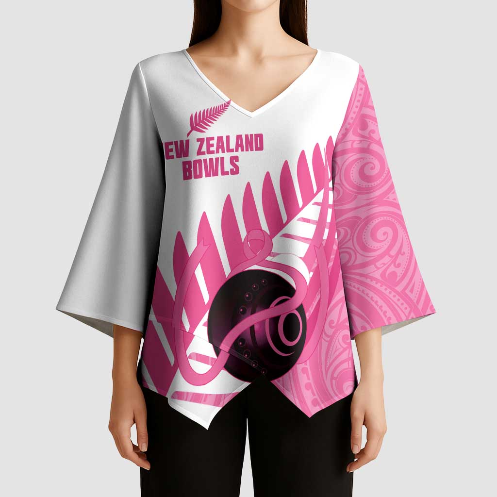 New Zealand Lawn Bowls Breast Cancer Custom Kimono Sleeve Blouse Aotearoa Maori Silver Fern Pink Ribbon - Aussie Hoodie