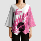 New Zealand Lawn Bowls Breast Cancer Custom Kimono Sleeve Blouse Aotearoa Maori Silver Fern Pink Ribbon - Aussie Hoodie