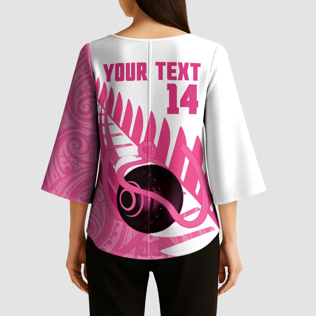 New Zealand Lawn Bowls Breast Cancer Custom Kimono Sleeve Blouse Aotearoa Maori Silver Fern Pink Ribbon - Aussie Hoodie