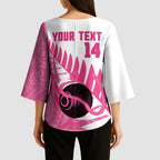 New Zealand Lawn Bowls Breast Cancer Custom Kimono Sleeve Blouse Aotearoa Maori Silver Fern Pink Ribbon - Aussie Hoodie