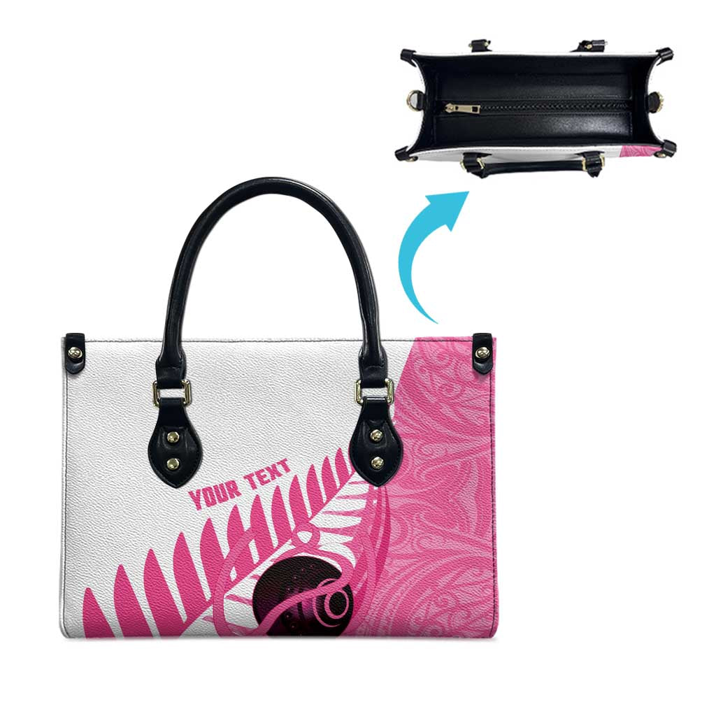 New Zealand Lawn Bowls Breast Cancer Custom Leather Bag Aotearoa Maori Silver Fern Pink Ribbon - Aussie Hoodie