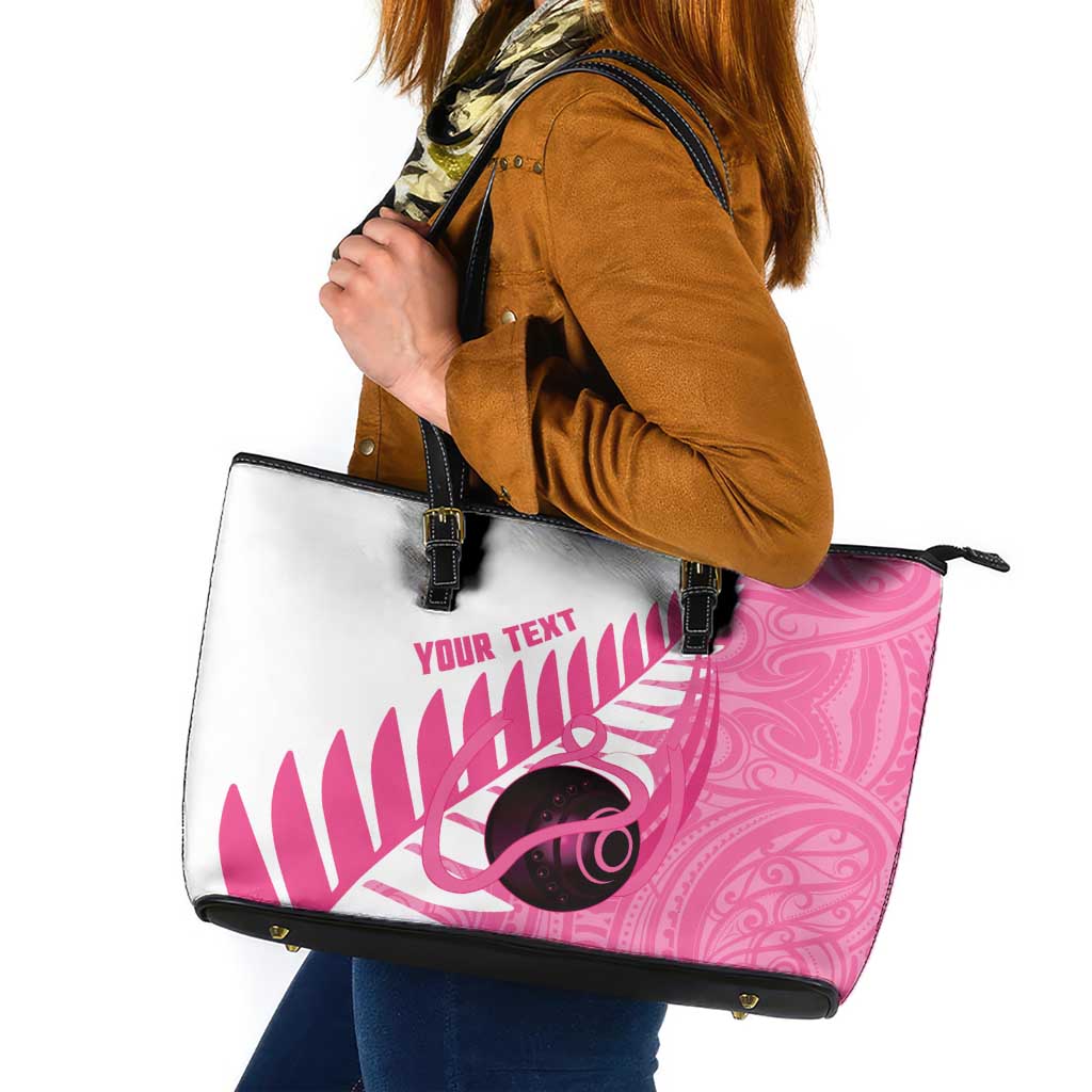 New Zealand Lawn Bowls Breast Cancer Custom Leather Tote Bag Aotearoa Maori Silver Fern Pink Ribbon - Aussie Hoodie