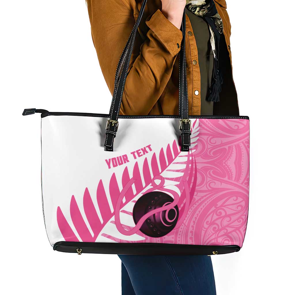 New Zealand Lawn Bowls Breast Cancer Custom Leather Tote Bag Aotearoa Maori Silver Fern Pink Ribbon - Aussie Hoodie