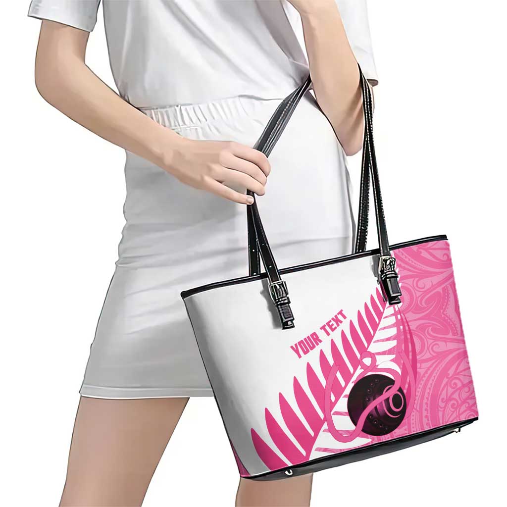 New Zealand Lawn Bowls Breast Cancer Custom Leather Tote Bag Aotearoa Maori Silver Fern Pink Ribbon - Aussie Hoodie