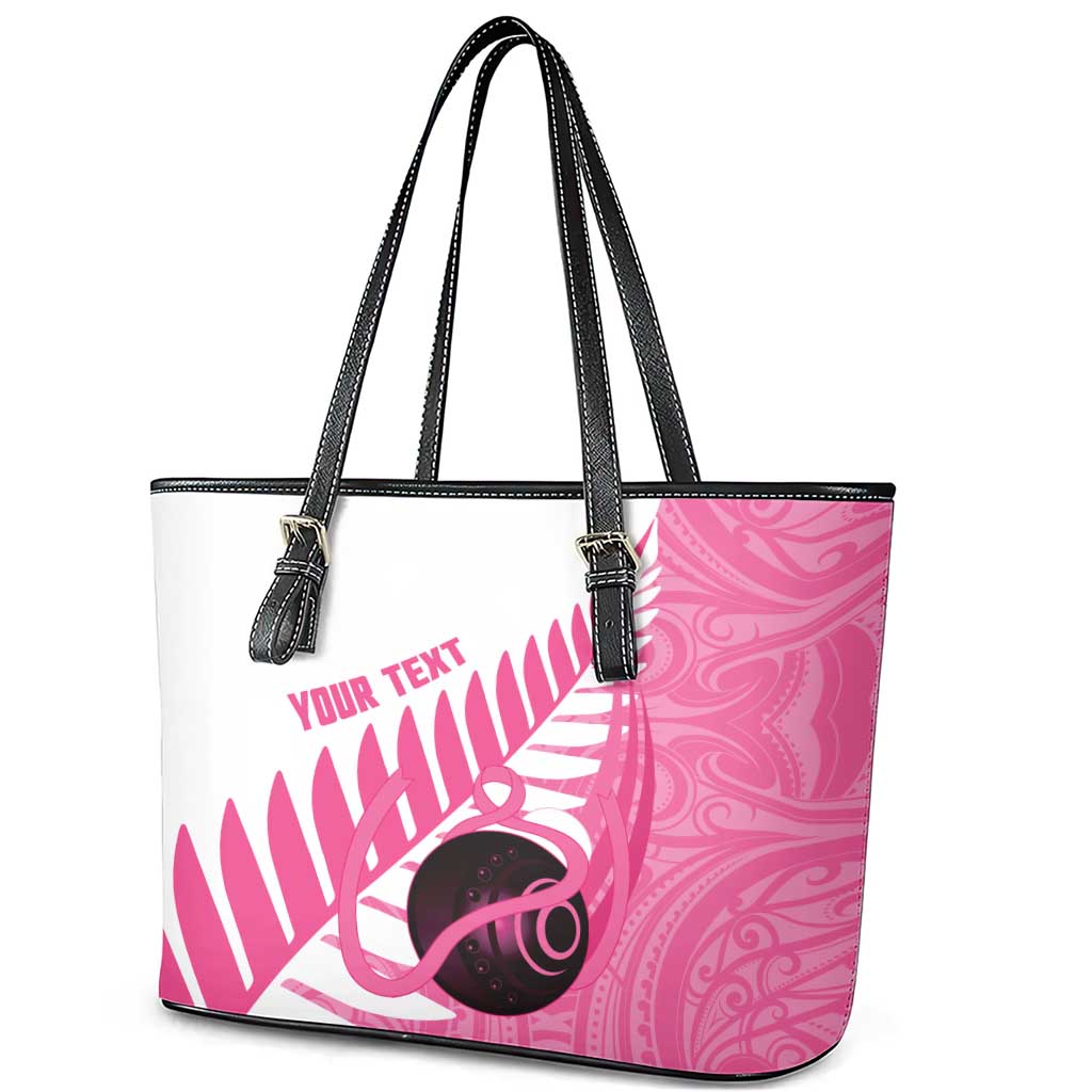 New Zealand Lawn Bowls Breast Cancer Custom Leather Tote Bag Aotearoa Maori Silver Fern Pink Ribbon - Aussie Hoodie