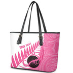 New Zealand Lawn Bowls Breast Cancer Custom Leather Tote Bag Aotearoa Maori Silver Fern Pink Ribbon - Aussie Hoodie