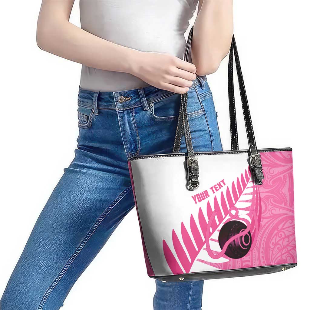 New Zealand Lawn Bowls Breast Cancer Custom Leather Tote Bag Aotearoa Maori Silver Fern Pink Ribbon - Aussie Hoodie