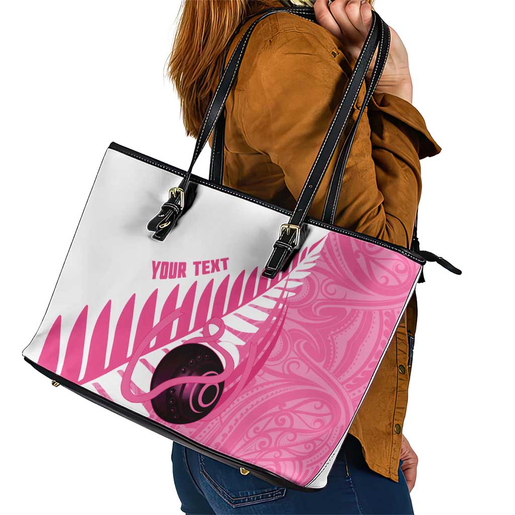 New Zealand Lawn Bowls Breast Cancer Custom Leather Tote Bag Aotearoa Maori Silver Fern Pink Ribbon - Aussie Hoodie