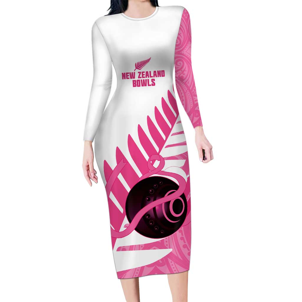 New Zealand Lawn Bowls Breast Cancer Custom Long Sleeve Bodycon Dress Aotearoa Maori Silver Fern Pink Ribbon - Aussie Hoodie