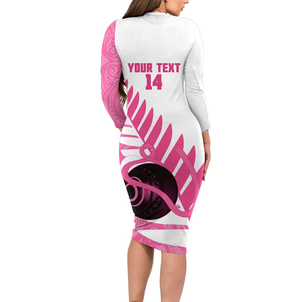 New Zealand Lawn Bowls Breast Cancer Custom Long Sleeve Bodycon Dress Aotearoa Maori Silver Fern Pink Ribbon - Aussie Hoodie