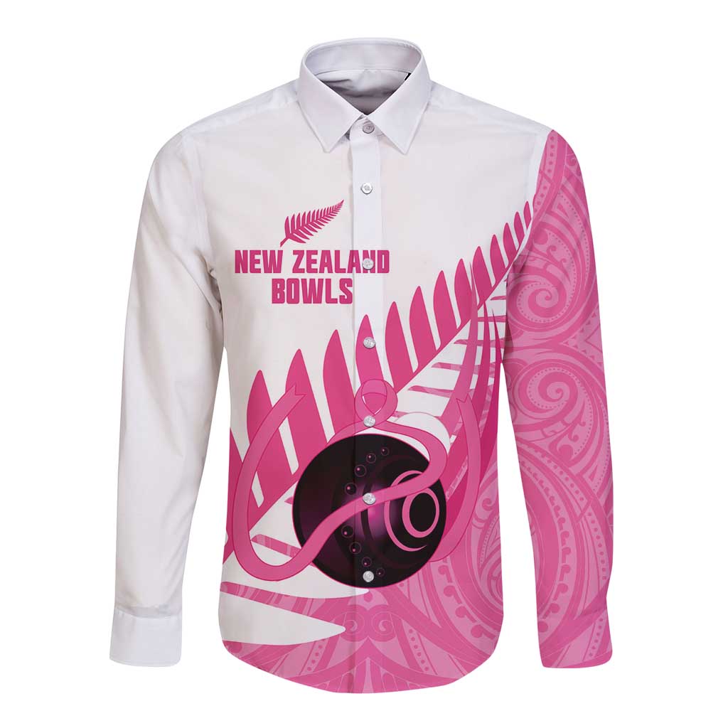 New Zealand Lawn Bowls Breast Cancer Custom Long Sleeve Button Shirt Aotearoa Maori Silver Fern Pink Ribbon - Aussie Hoodie