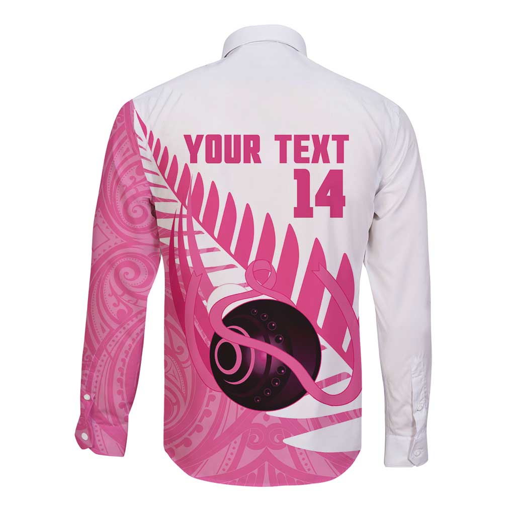 New Zealand Lawn Bowls Breast Cancer Custom Long Sleeve Button Shirt Aotearoa Maori Silver Fern Pink Ribbon - Aussie Hoodie