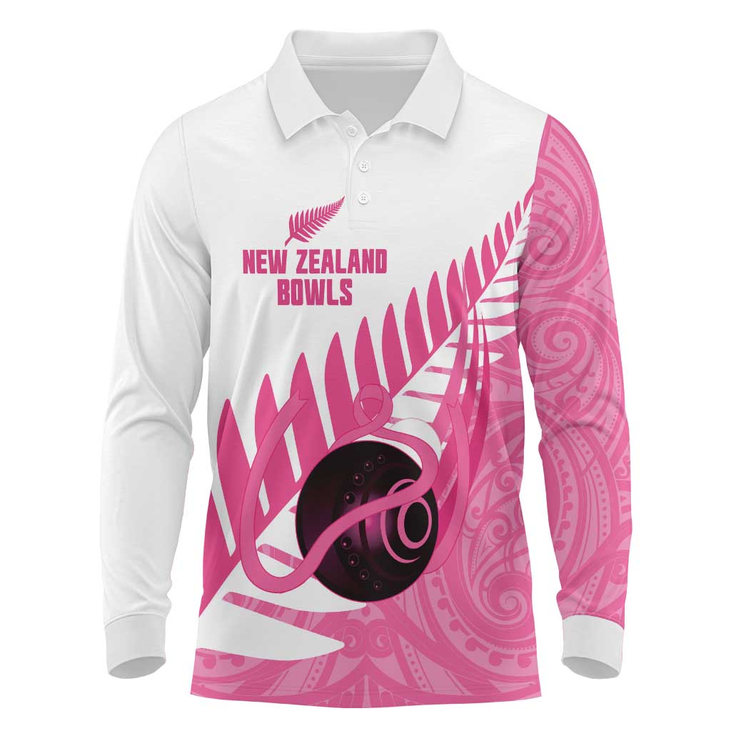 New Zealand Lawn Bowls Breast Cancer Custom Long Sleeve Polo Shirt Aotearoa Maori Silver Fern Pink Ribbon - Aussie Hoodie