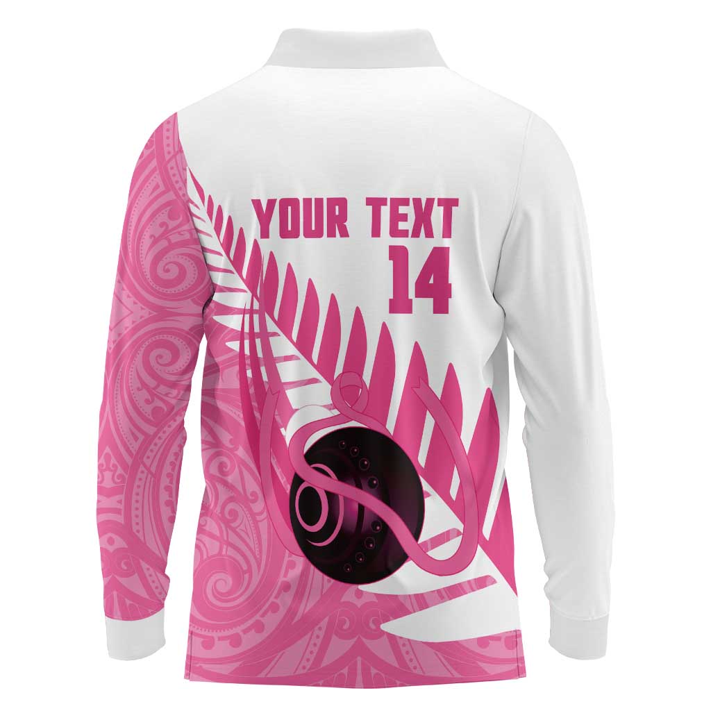 New Zealand Lawn Bowls Breast Cancer Custom Long Sleeve Polo Shirt Aotearoa Maori Silver Fern Pink Ribbon - Aussie Hoodie