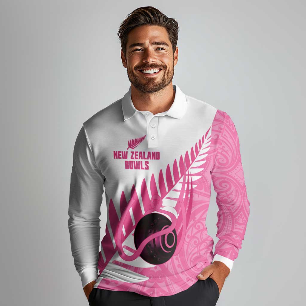 New Zealand Lawn Bowls Breast Cancer Custom Long Sleeve Polo Shirt Aotearoa Maori Silver Fern Pink Ribbon - Aussie Hoodie