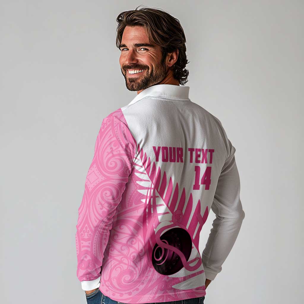 New Zealand Lawn Bowls Breast Cancer Custom Long Sleeve Polo Shirt Aotearoa Maori Silver Fern Pink Ribbon - Aussie Hoodie