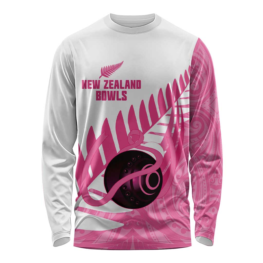 New Zealand Lawn Bowls Breast Cancer Custom Long Sleeve Shirt Aotearoa Maori Silver Fern Pink Ribbon - Aussie Hoodie
