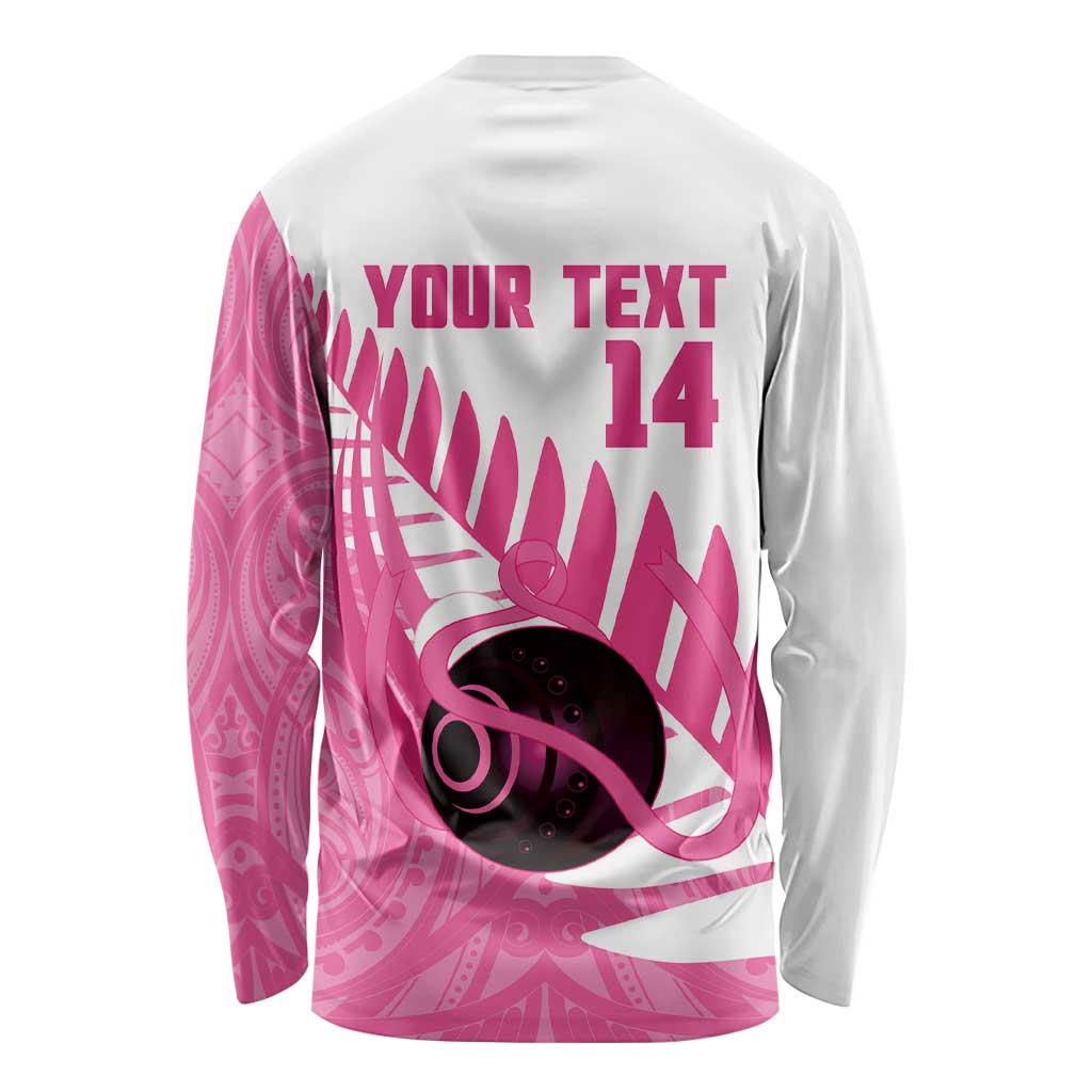 New Zealand Lawn Bowls Breast Cancer Custom Long Sleeve Shirt Aotearoa Maori Silver Fern Pink Ribbon - Aussie Hoodie