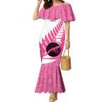 New Zealand Lawn Bowls Breast Cancer Custom Mermaid Dress Aotearoa Maori Silver Fern Pink Ribbon - Aussie Hoodie