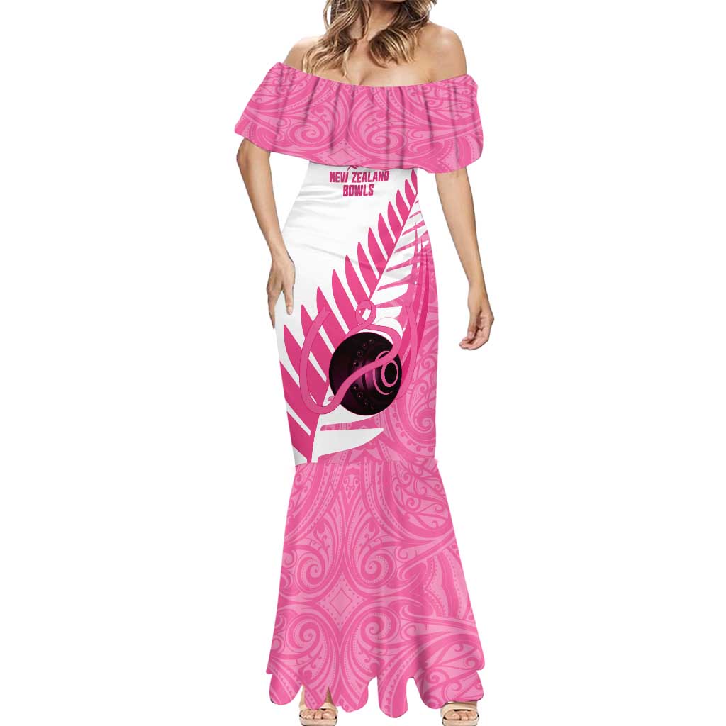 New Zealand Lawn Bowls Breast Cancer Custom Mermaid Dress Aotearoa Maori Silver Fern Pink Ribbon - Aussie Hoodie
