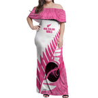 New Zealand Lawn Bowls Breast Cancer Custom Off Shoulder Maxi Dress Aotearoa Maori Silver Fern Pink Ribbon - Aussie Hoodie