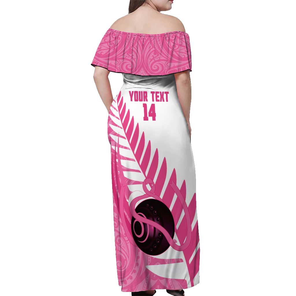 New Zealand Lawn Bowls Breast Cancer Custom Off Shoulder Maxi Dress Aotearoa Maori Silver Fern Pink Ribbon - Aussie Hoodie