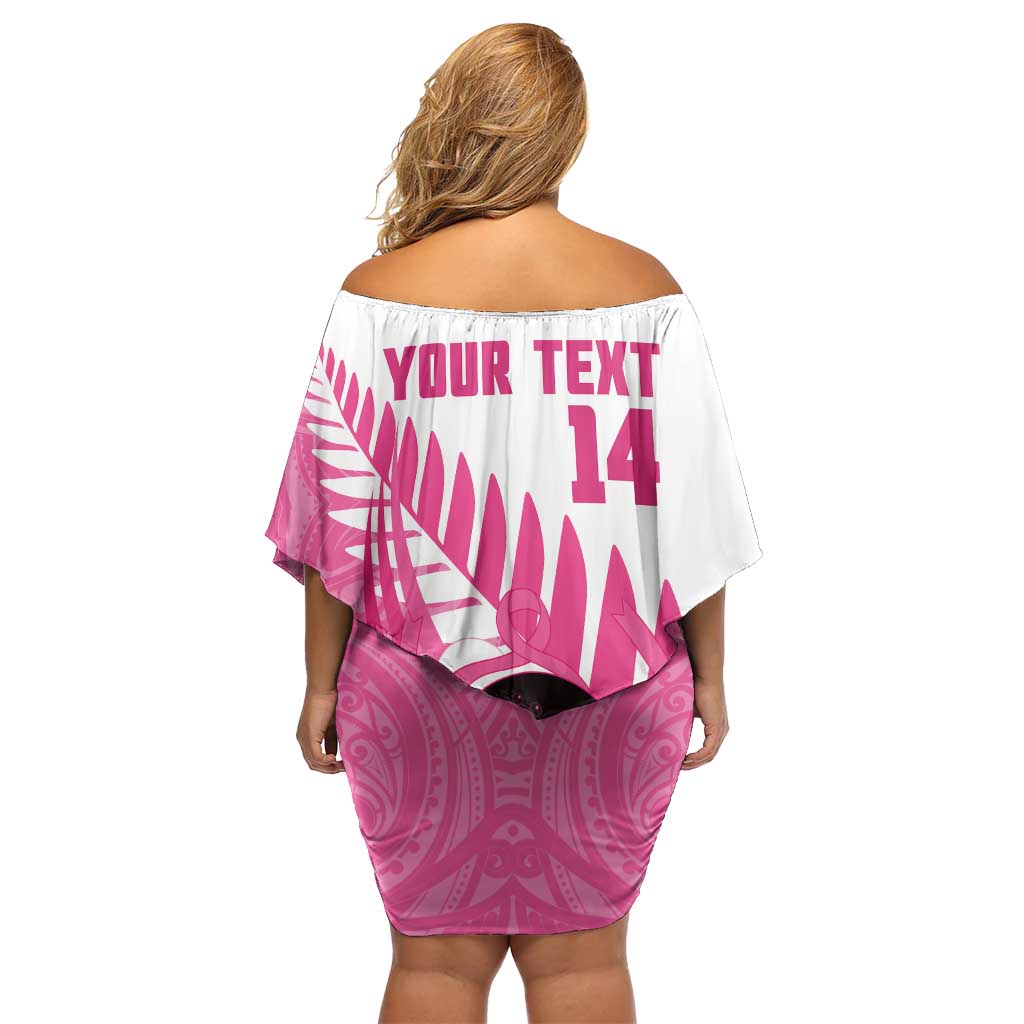 New Zealand Lawn Bowls Breast Cancer Custom Off Shoulder Short Dress Aotearoa Maori Silver Fern Pink Ribbon - Aussie Hoodie