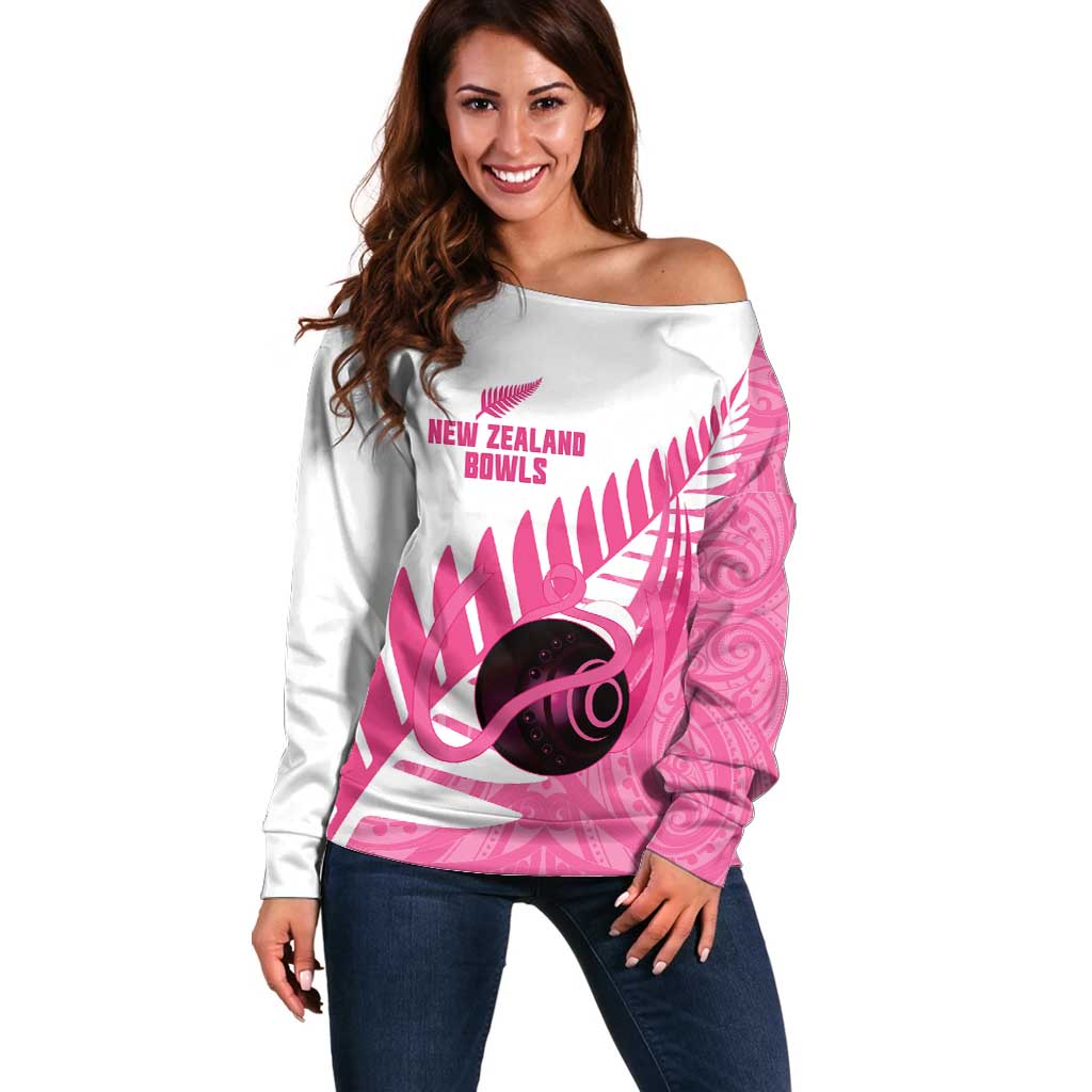 New Zealand Lawn Bowls Breast Cancer Custom Off Shoulder Sweater Aotearoa Maori Silver Fern Pink Ribbon - Aussie Hoodie