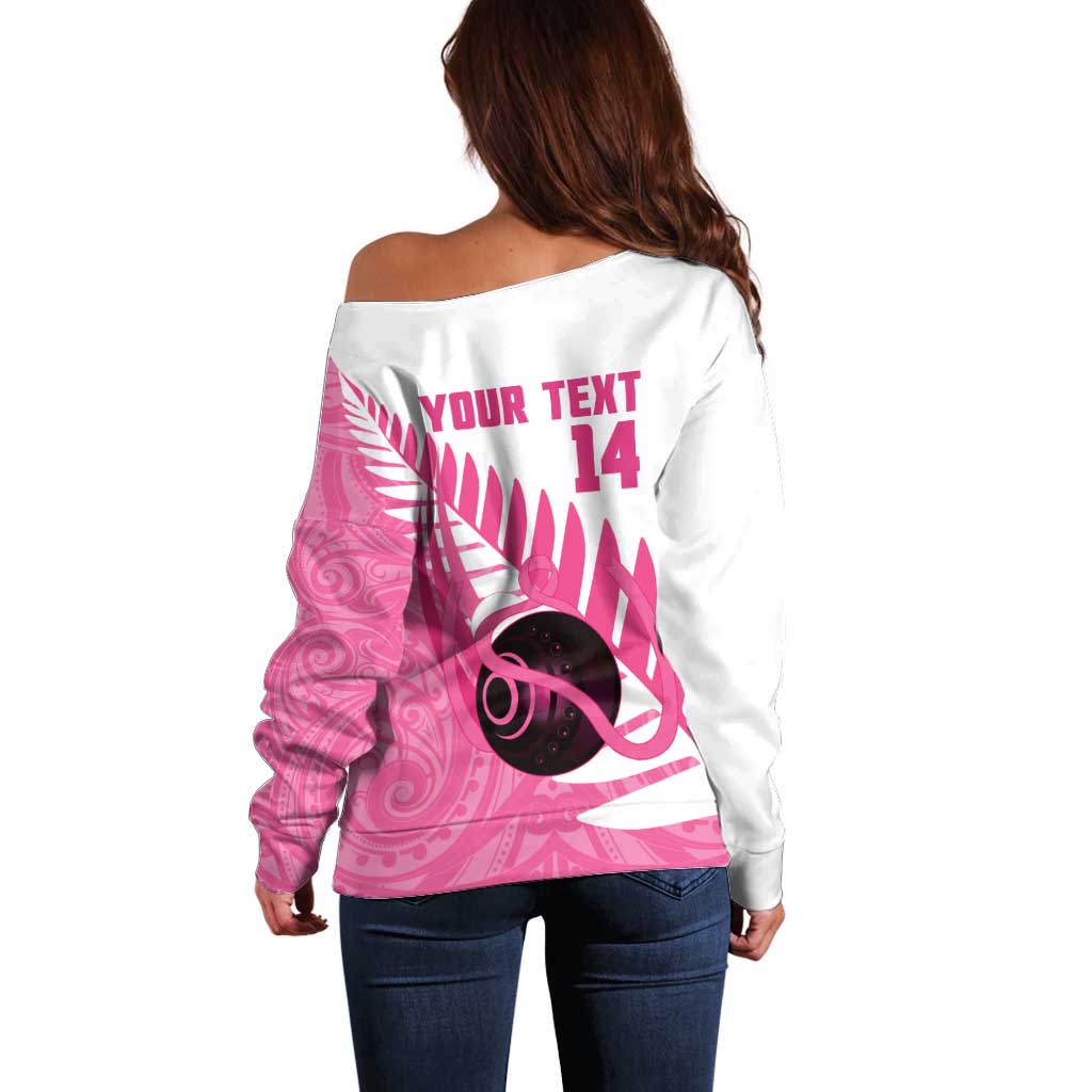 New Zealand Lawn Bowls Breast Cancer Custom Off Shoulder Sweater Aotearoa Maori Silver Fern Pink Ribbon - Aussie Hoodie