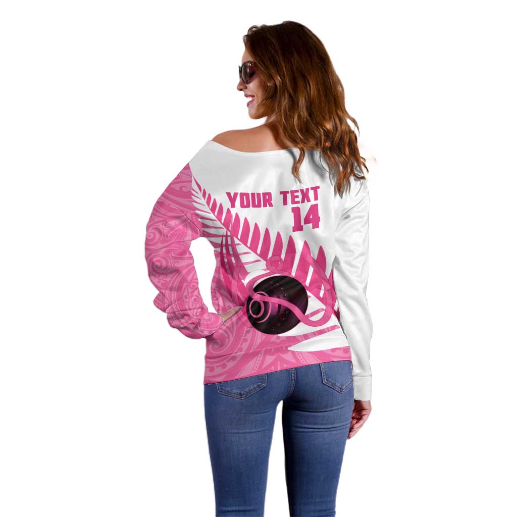 New Zealand Lawn Bowls Breast Cancer Custom Off Shoulder Sweater Aotearoa Maori Silver Fern Pink Ribbon - Aussie Hoodie