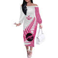 New Zealand Lawn Bowls Breast Cancer Custom Off The Shoulder Long Sleeve Dress Aotearoa Maori Silver Fern Pink Ribbon - Aussie Hoodie