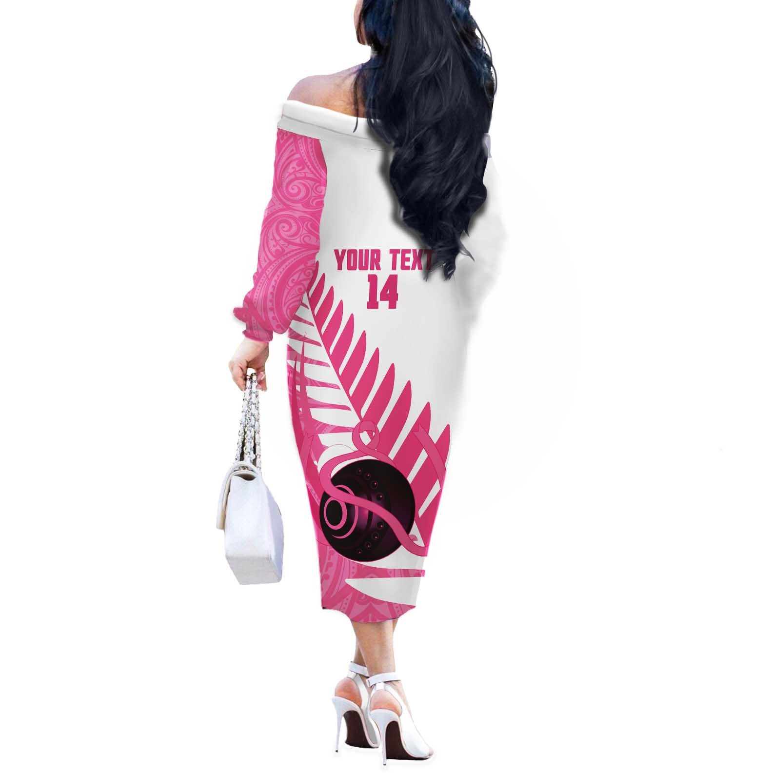 New Zealand Lawn Bowls Breast Cancer Custom Off The Shoulder Long Sleeve Dress Aotearoa Maori Silver Fern Pink Ribbon - Aussie Hoodie