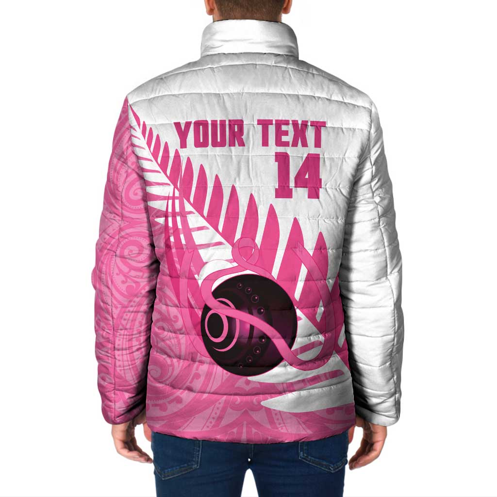 New Zealand Lawn Bowls Breast Cancer Custom Padded Jacket Aotearoa Maori Silver Fern Pink Ribbon - Aussie Hoodie