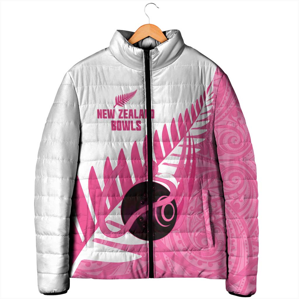 New Zealand Lawn Bowls Breast Cancer Custom Padded Jacket Aotearoa Maori Silver Fern Pink Ribbon - Aussie Hoodie