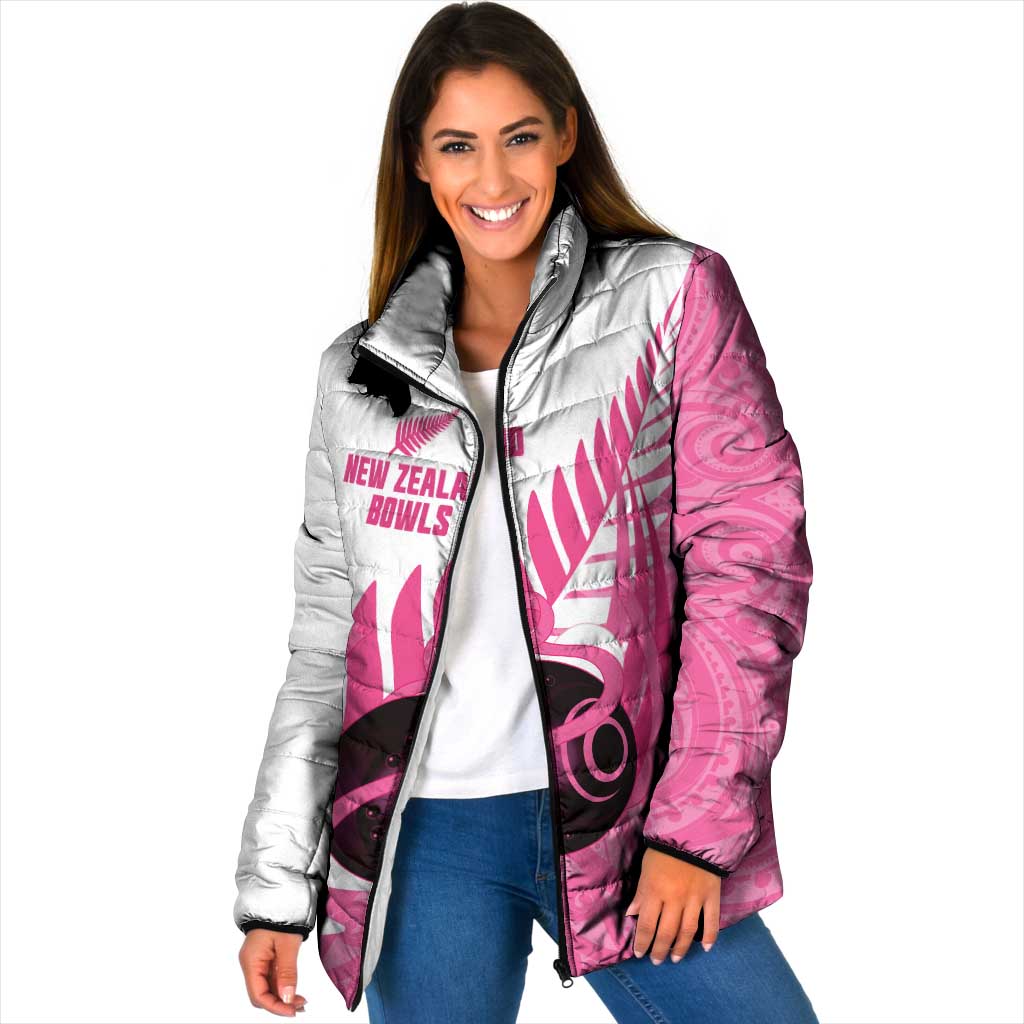 New Zealand Lawn Bowls Breast Cancer Custom Padded Jacket Aotearoa Maori Silver Fern Pink Ribbon - Aussie Hoodie