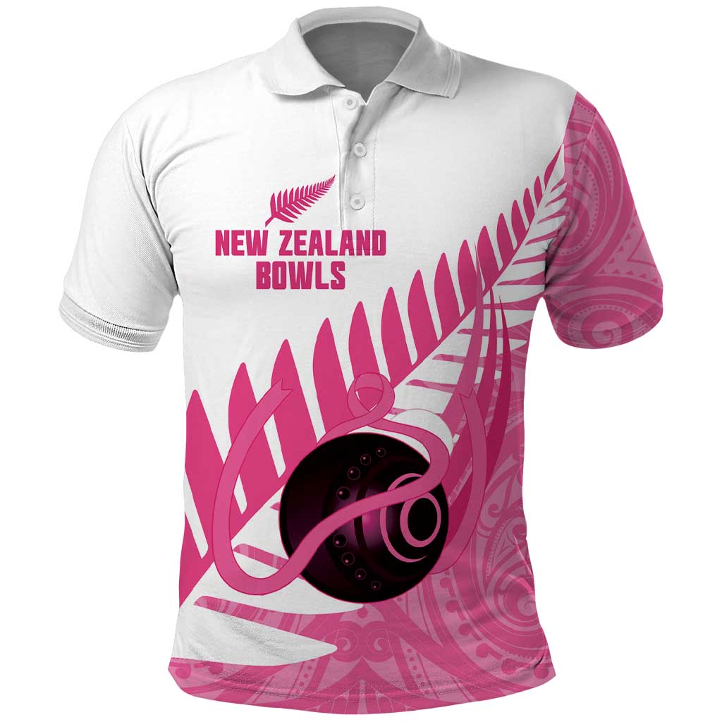 New Zealand Lawn Bowls Breast Cancer Custom Polo Shirt Aotearoa Maori Silver Fern Pink Ribbon - Aussie Hoodie