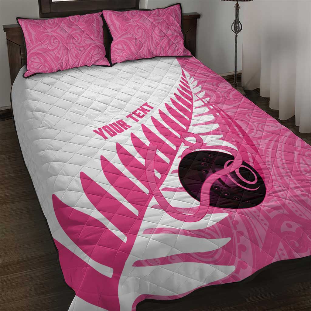 New Zealand Lawn Bowls Breast Cancer Custom Quilt Bed Set Aotearoa Maori Silver Fern Pink Ribbon - Aussie Hoodie