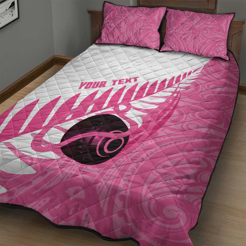 New Zealand Lawn Bowls Breast Cancer Custom Quilt Bed Set Aotearoa Maori Silver Fern Pink Ribbon - Aussie Hoodie