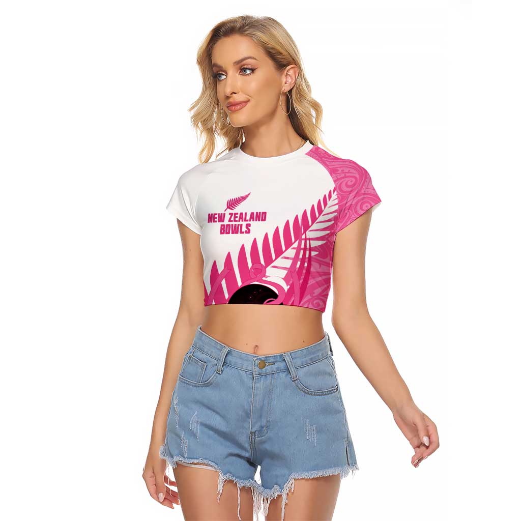 New Zealand Lawn Bowls Breast Cancer Custom Raglan Cropped T Shirt Aotearoa Maori Silver Fern Pink Ribbon - Aussie Hoodie