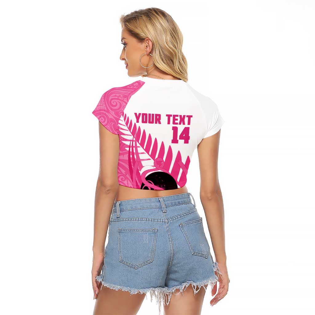 New Zealand Lawn Bowls Breast Cancer Custom Raglan Cropped T Shirt Aotearoa Maori Silver Fern Pink Ribbon - Aussie Hoodie