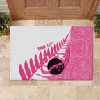 New Zealand Lawn Bowls Breast Cancer Custom Rubber Doormat Aotearoa Maori Silver Fern Pink Ribbon - Aussie Hoodie
