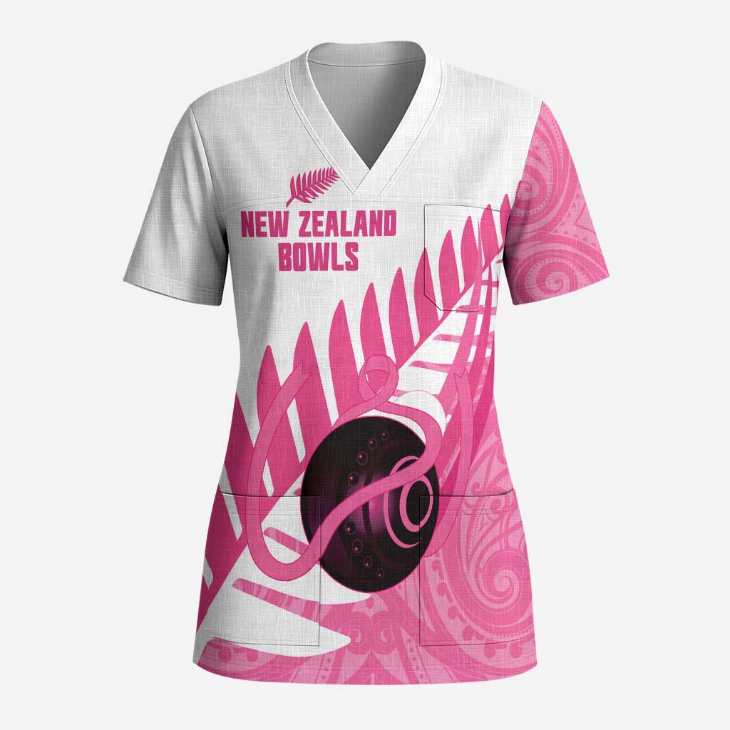 New Zealand Lawn Bowls Breast Cancer Custom Scrub Top Aotearoa Maori Silver Fern Pink Ribbon - Aussie Hoodie